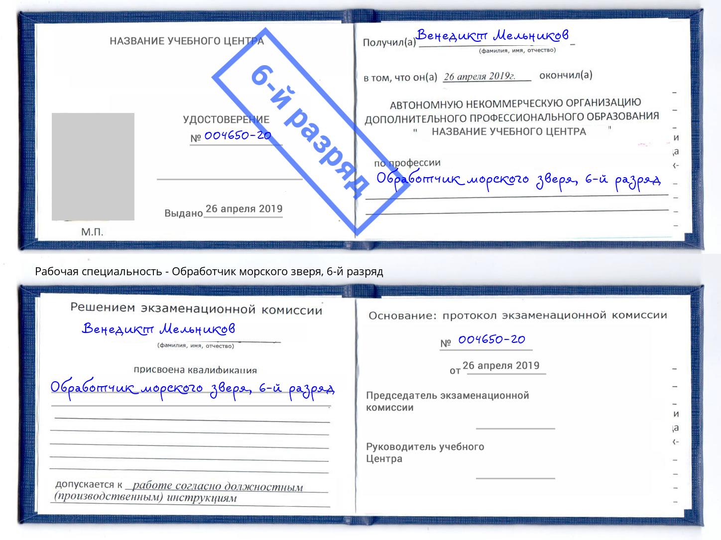 корочка 6-й разряд Обработчик морского зверя Подольск