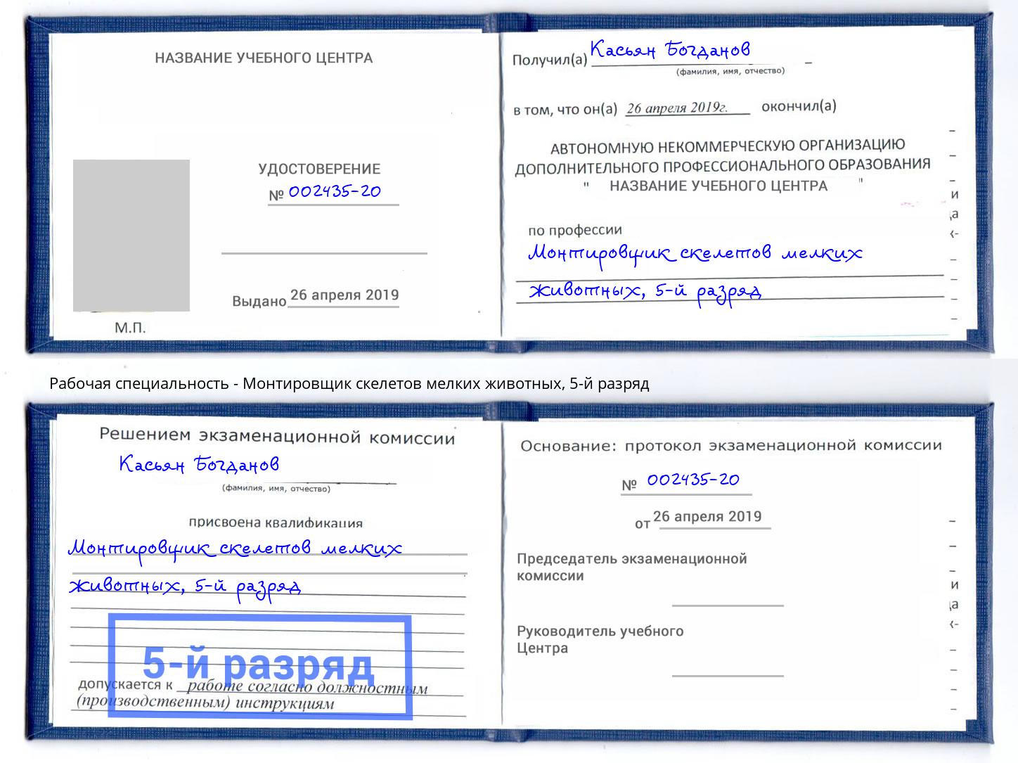 корочка 5-й разряд Монтировщик скелетов мелких животных Подольск