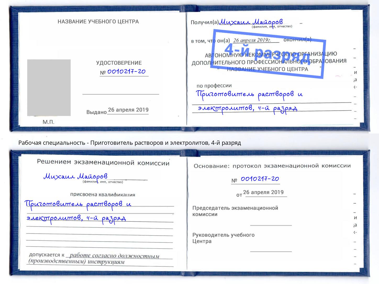корочка 4-й разряд Приготовитель растворов и электролитов Подольск