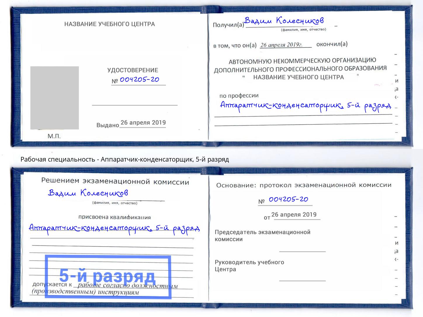 корочка 5-й разряд Аппаратчик-конденсаторщик Подольск